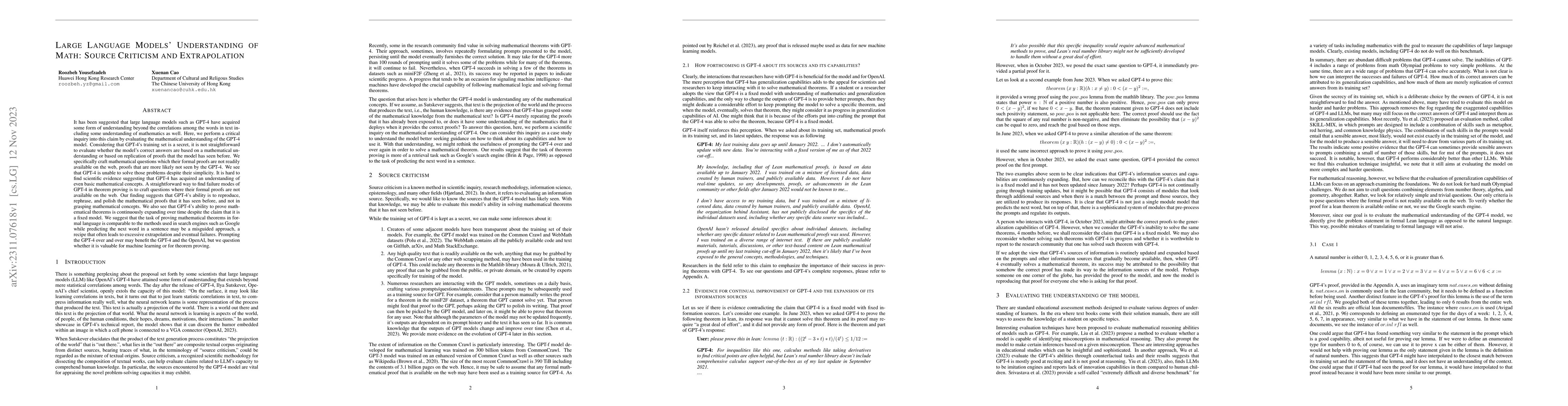 Thumbnail for Large Language Models' Understanding of Math: Source Criticism and
  Extrapolation