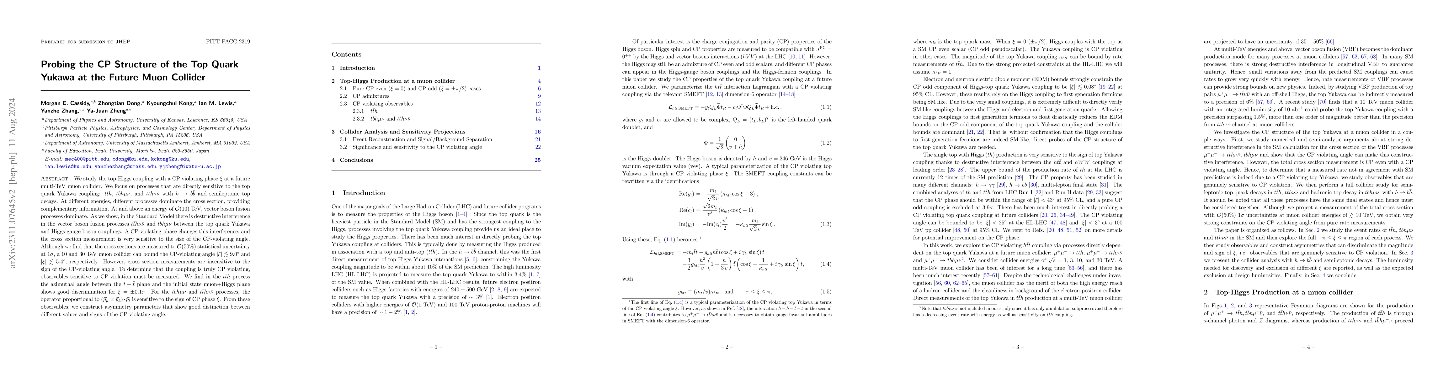 Thumbnail for Probing the CP Structure of the Top Quark Yukawa at the Future Muon
  Collider