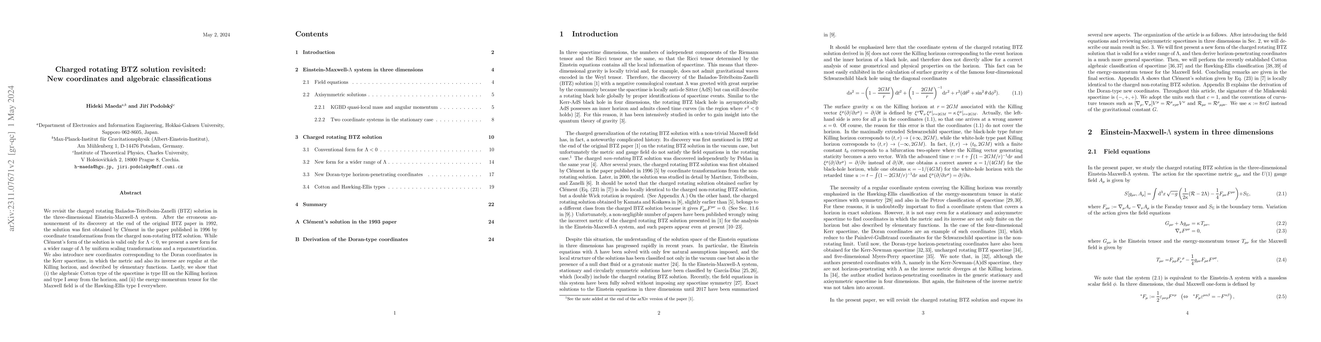 Thumbnail for Charged rotating BTZ solution revisited: New coordinates and algebraic
  classifications