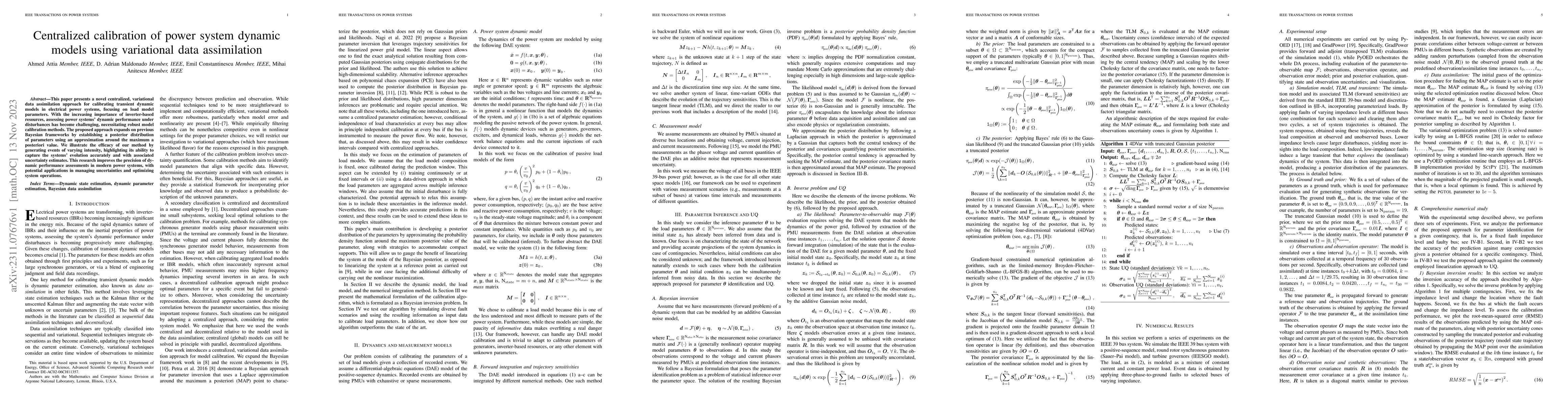 Thumbnail for Centralized calibration of power system dynamic models using variational
  data assimilation
