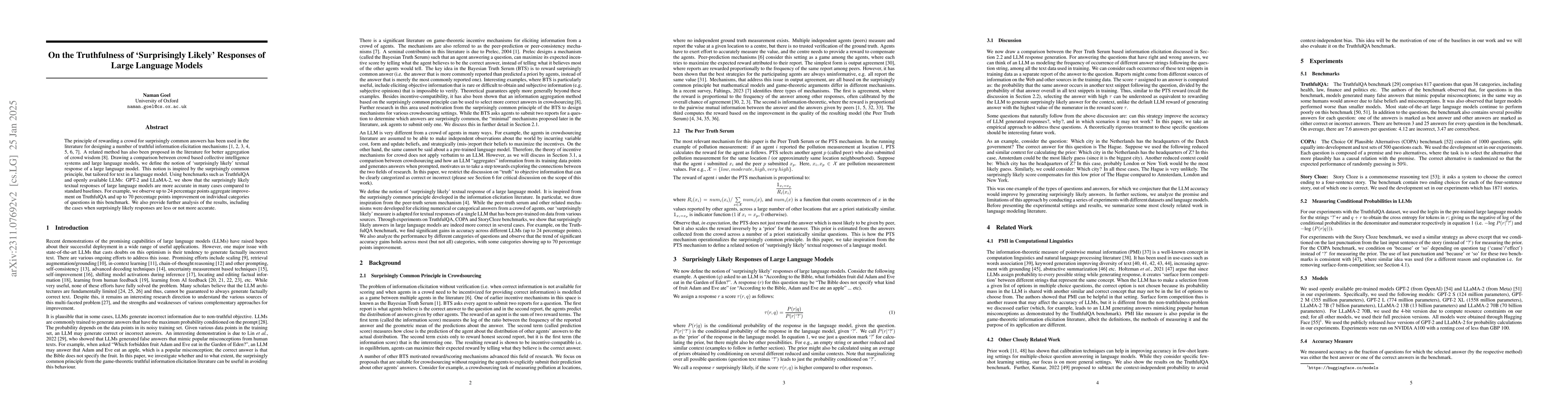 Thumbnail for On The Truthfulness of 'Surprisingly Likely' Responses of Large Language
  Models