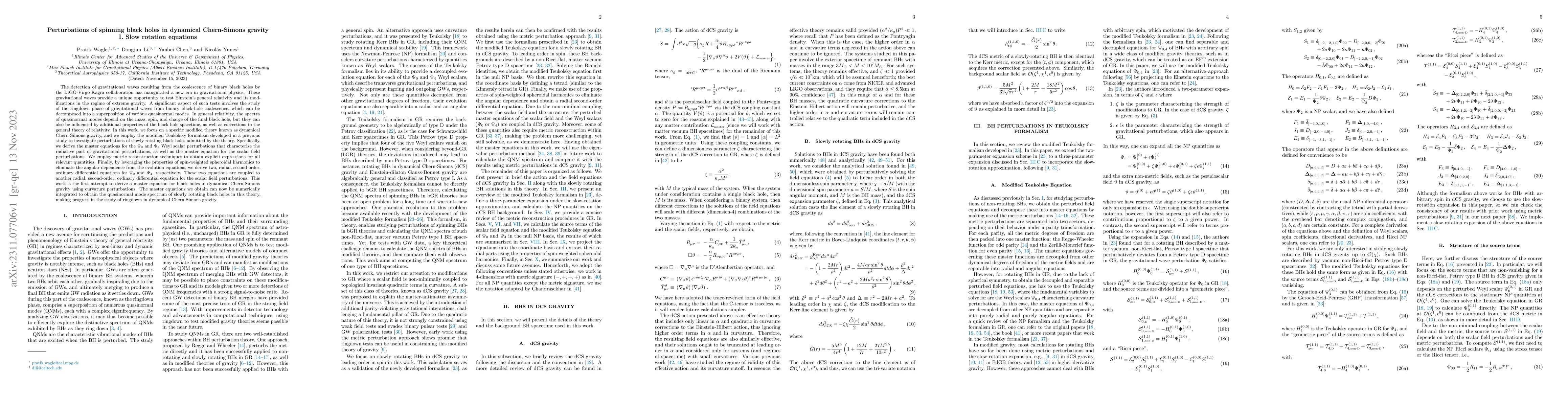 Thumbnail for Perturbations of spinning black holes in dynamical Chern-Simons gravity
  I. Slow rotation equations