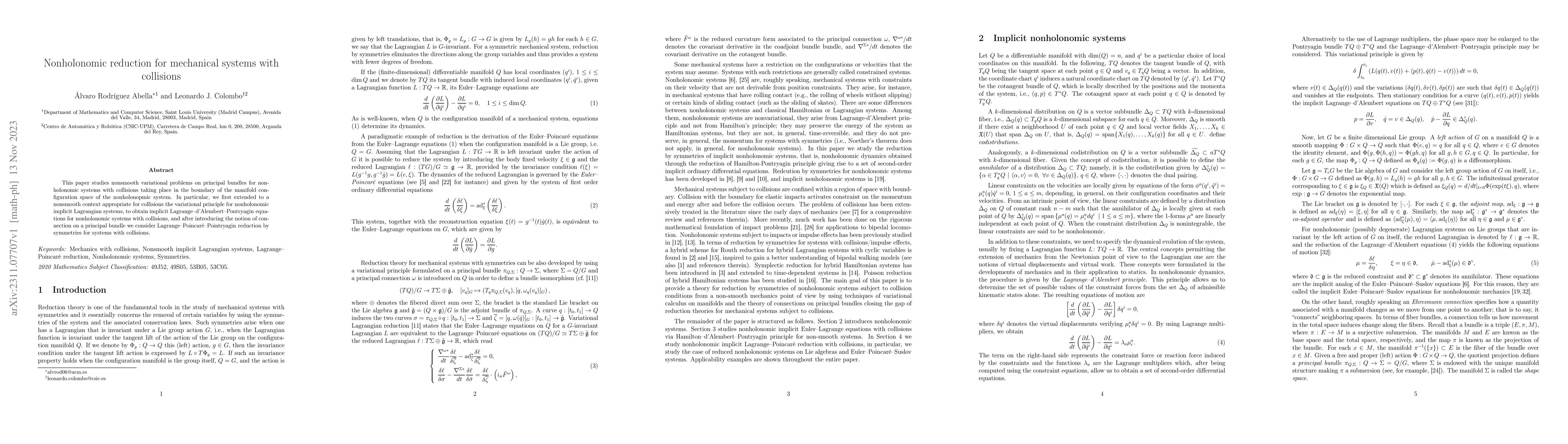 Thumbnail for Nonholonomic reduction for mechanical systems with collisions