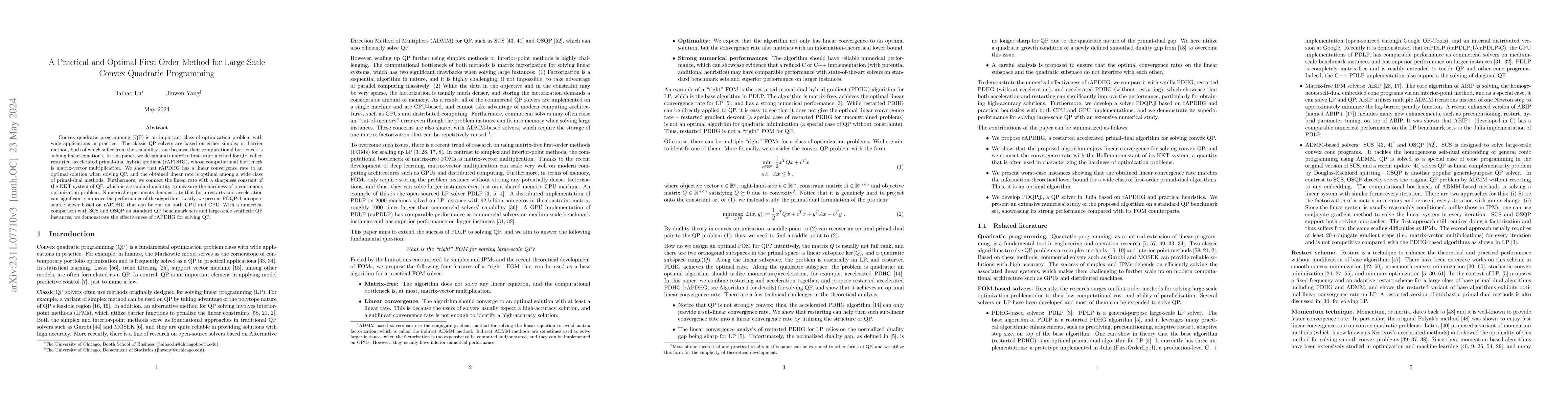 Thumbnail for A Practical and Optimal First-Order Method for Large-Scale Convex
  Quadratic Programming