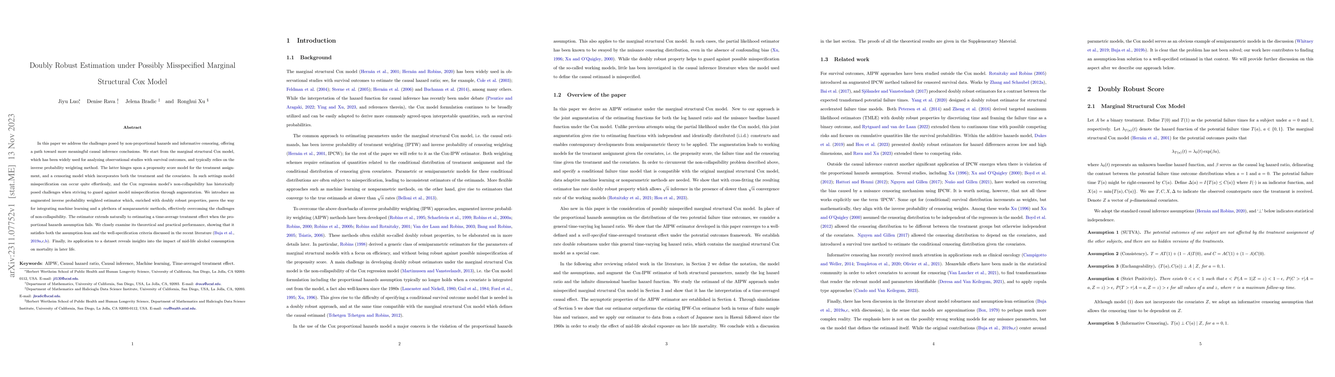 Thumbnail for Doubly Robust Estimation under Possibly Misspecified Marginal Structural
  Cox Model