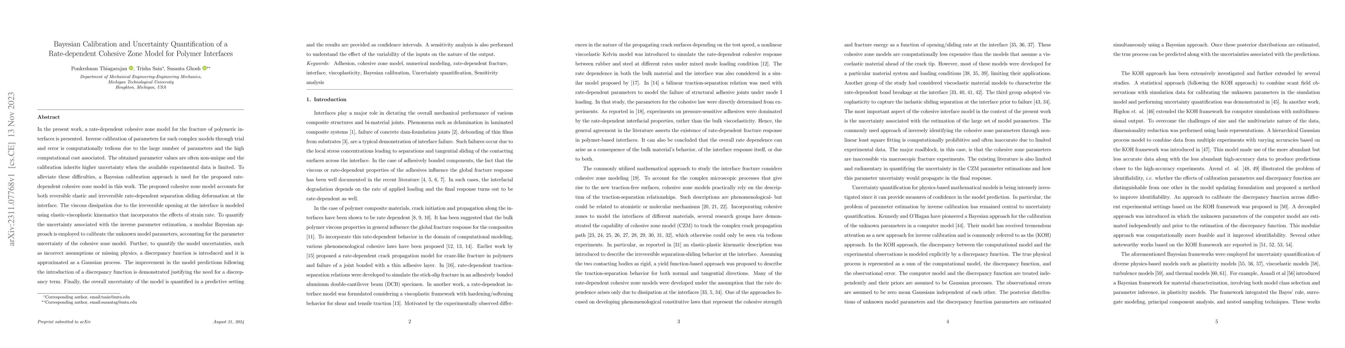 Thumbnail for Bayesian Calibration and Uncertainty Quantification of a Rate-dependent
  Cohesive Zone Model for Polymer Interfaces