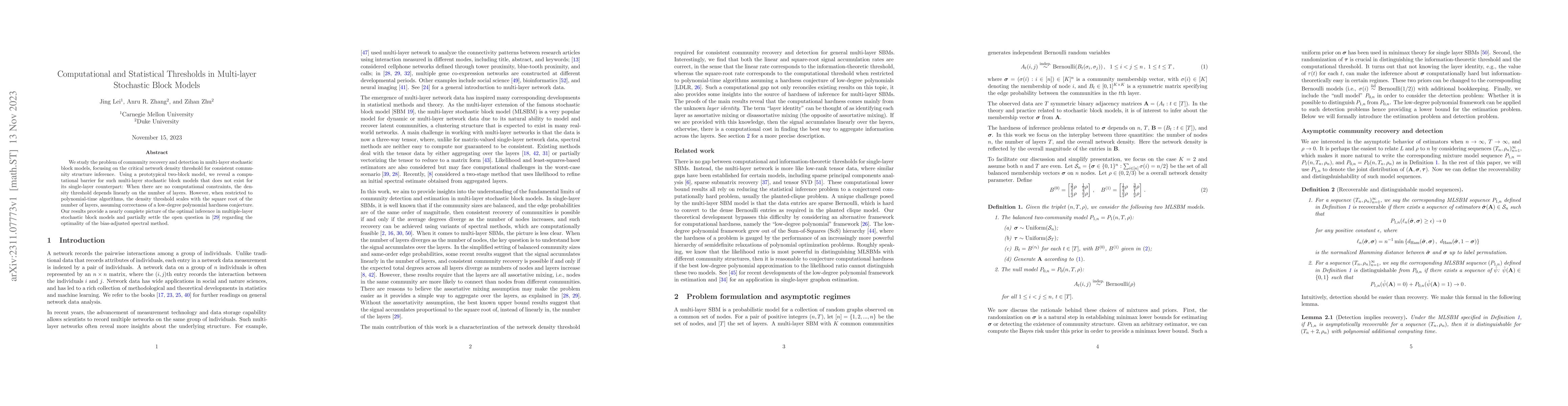 Thumbnail for Computational and Statistical Thresholds in Multi-layer Stochastic Block
  Models