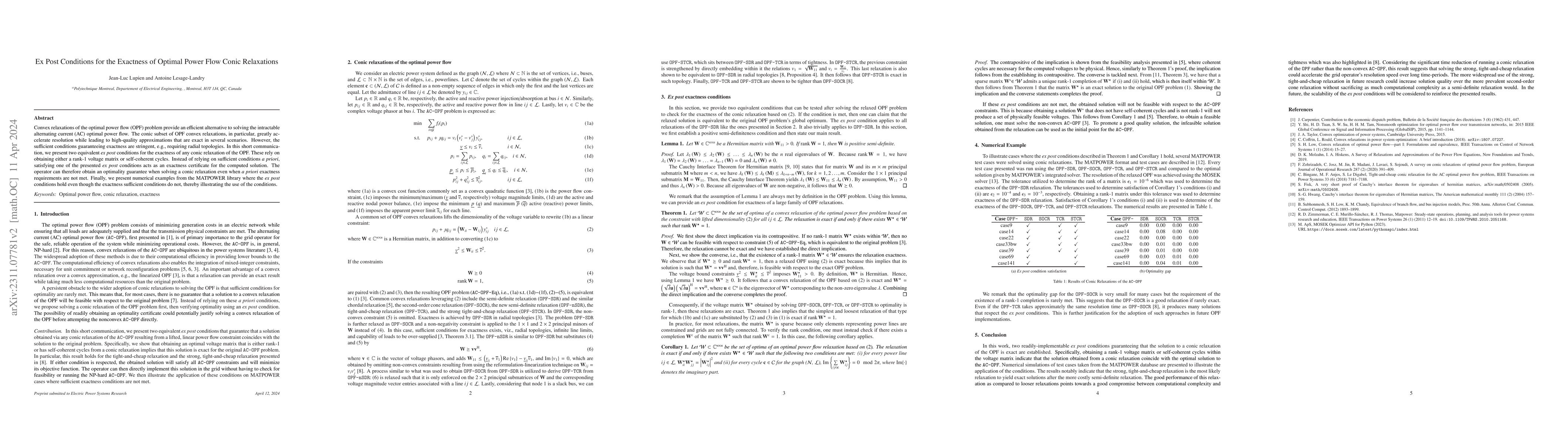 Thumbnail for Ex Post Conditions for the Exactness of Optimal Power Flow Conic
  Relaxations