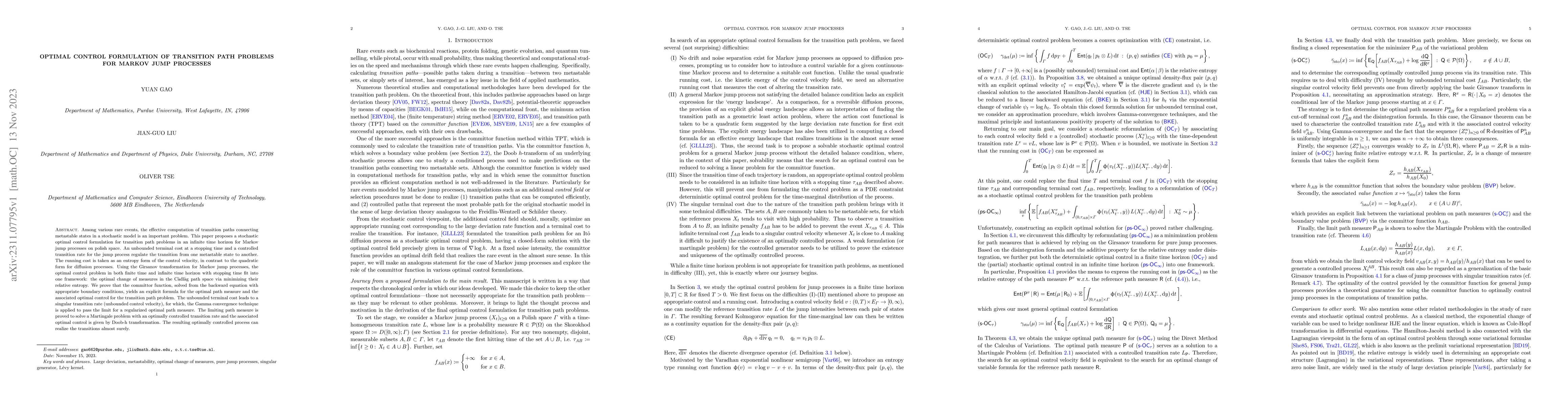 Thumbnail for Optimal control formulation of transition path problems for Markov Jump
  Processes