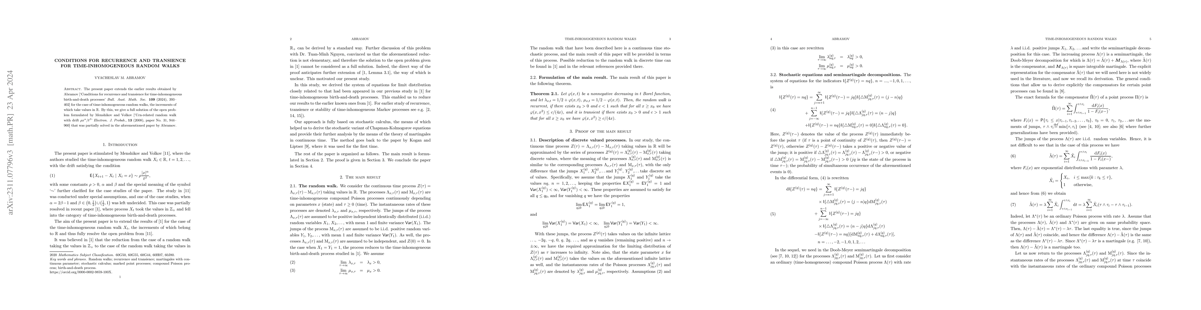 Thumbnail for Conditions for recurrence and transience for time-inhomogeneous random
  walks