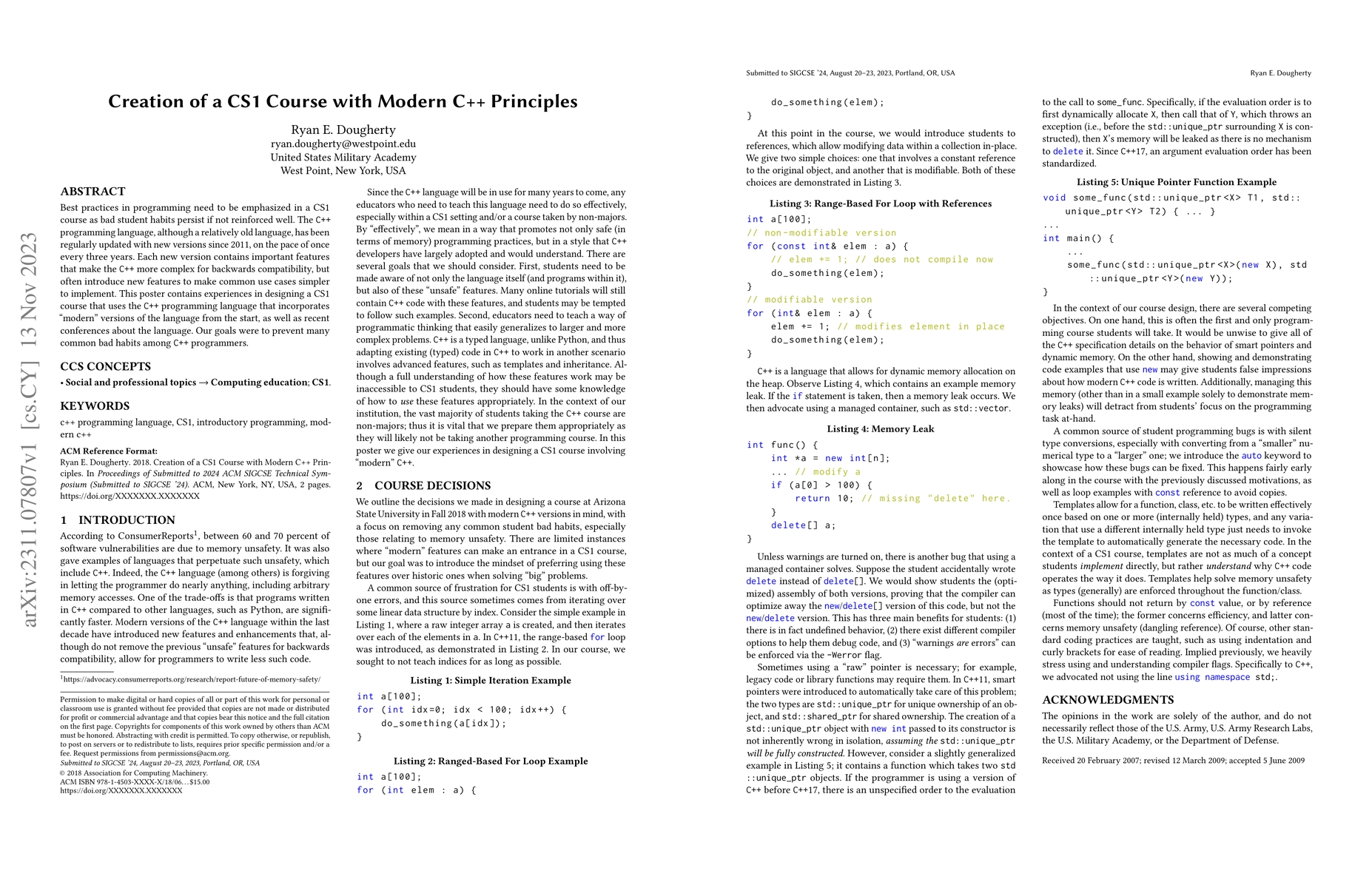 Thumbnail for Creation of a CS1 Course with Modern C++ Principles
