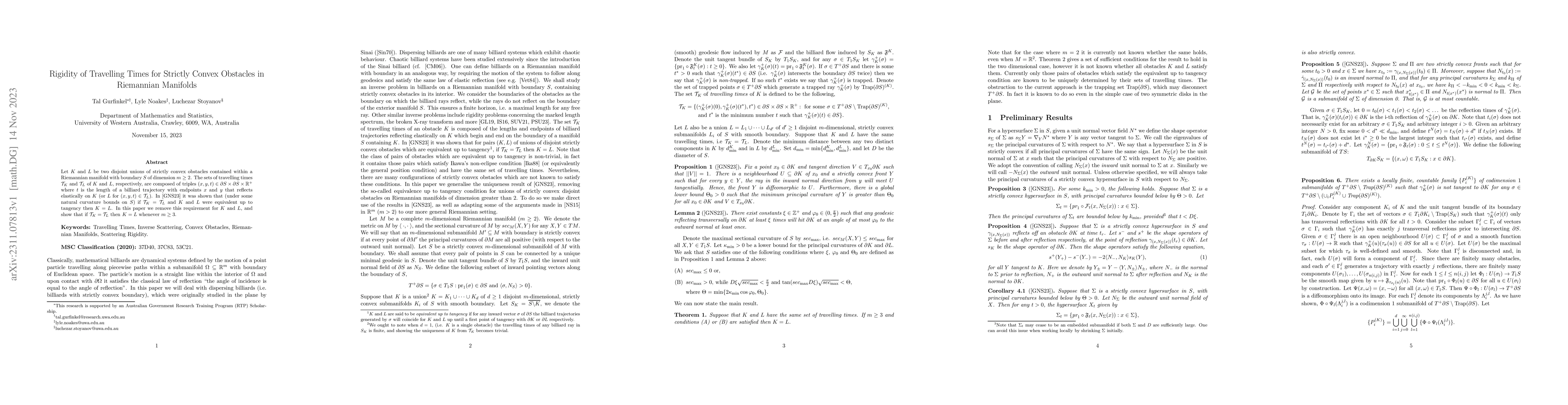 Thumbnail for Rigidity of Travelling Times for Strictly Convex Obstacles in Riemannian
  Manifolds