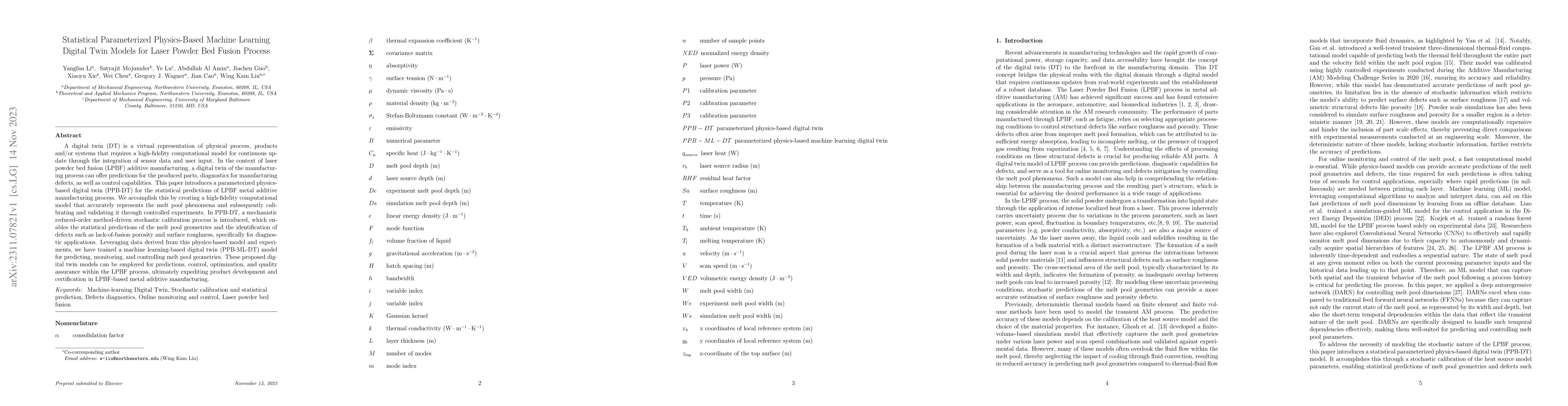 Thumbnail for Statistical Parameterized Physics-Based Machine Learning Digital Twin
  Models for Laser Powder Bed Fusion Process