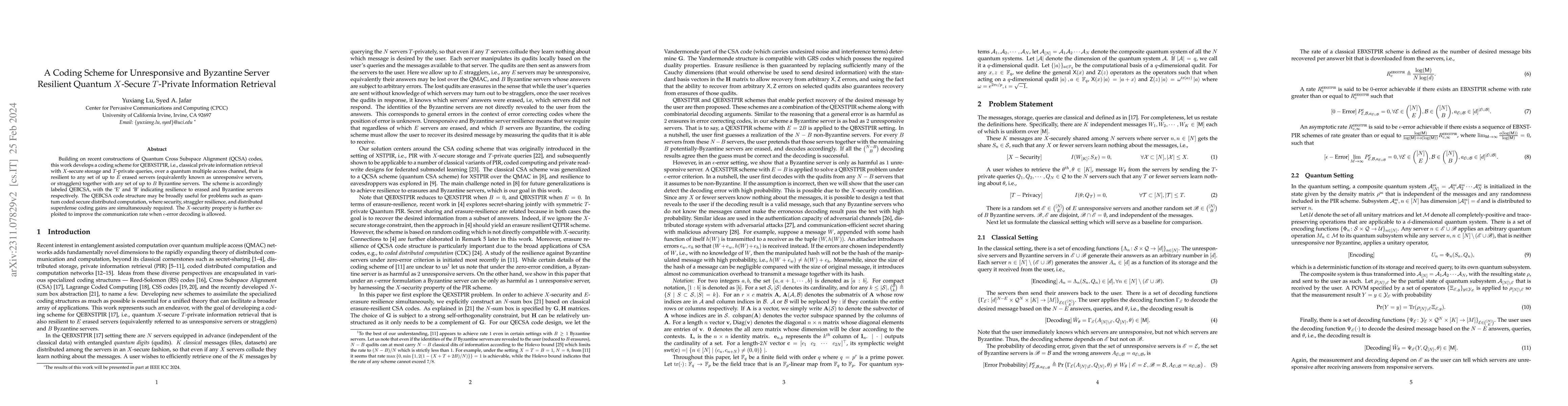 Thumbnail for A Coding Scheme for Unresponsive and Byzantine Server Resilient Quantum
  $X$-Secure $T$-Private Information Retrieval