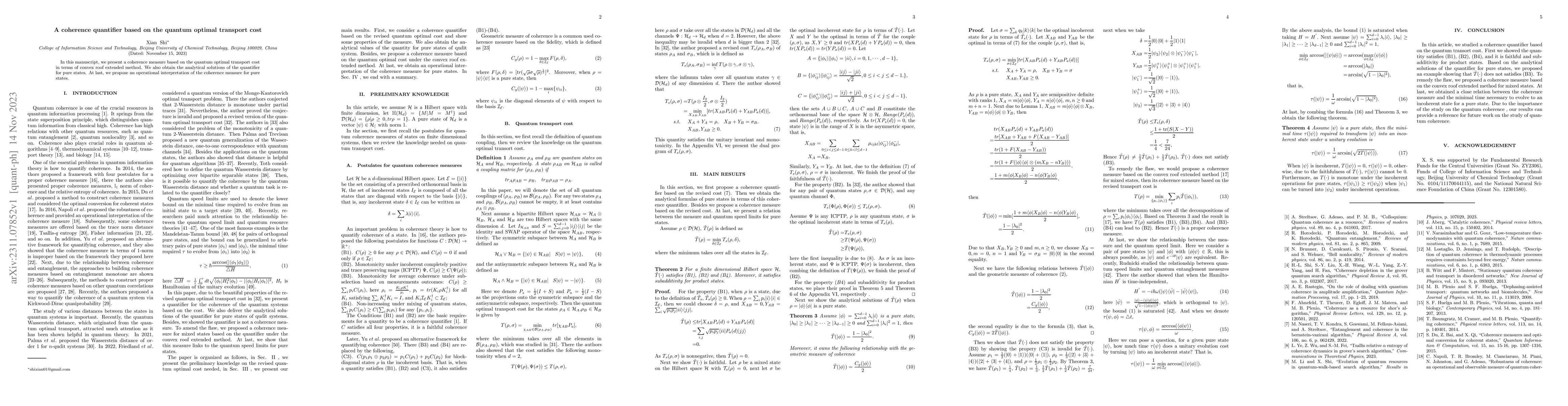 Thumbnail for A coherence quantifier based on the quantum optimal transport cost