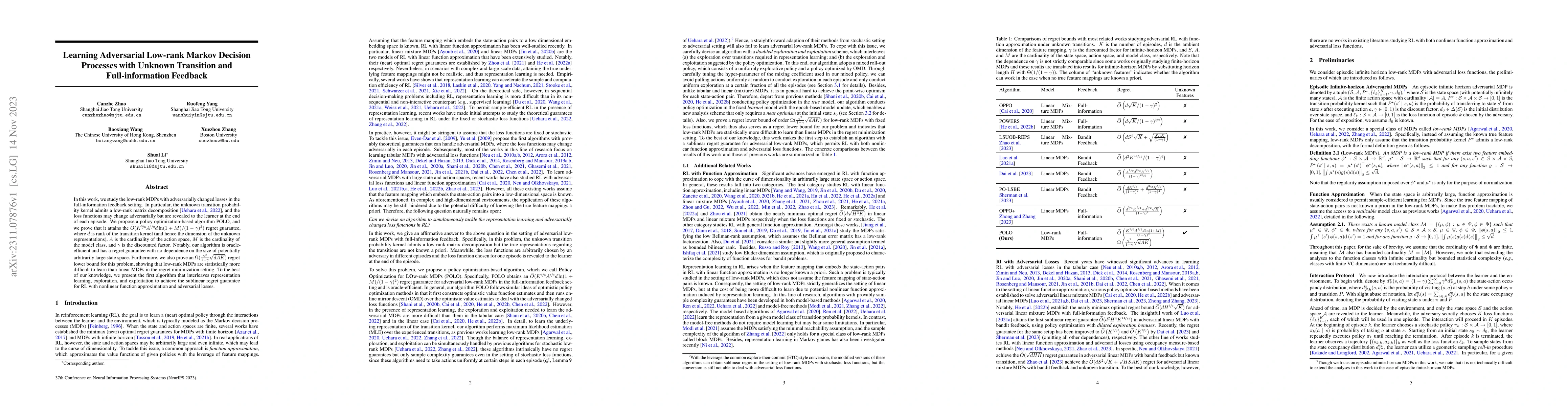 Thumbnail for Learning Adversarial Low-rank Markov Decision Processes with Unknown
  Transition and Full-information Feedback