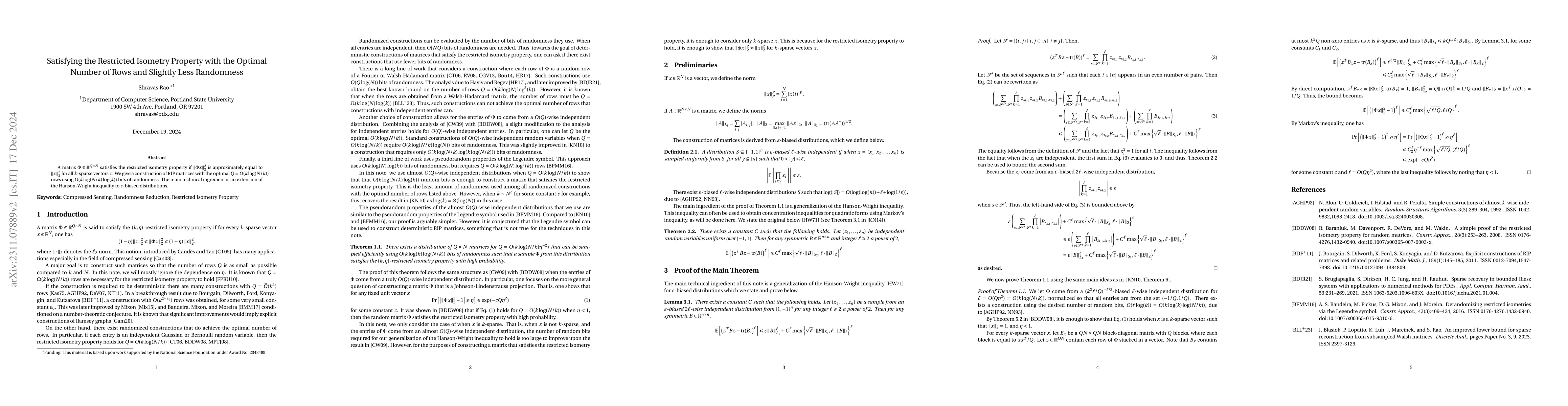Thumbnail for Optimal RIP Matrices with Slightly Less Randomness