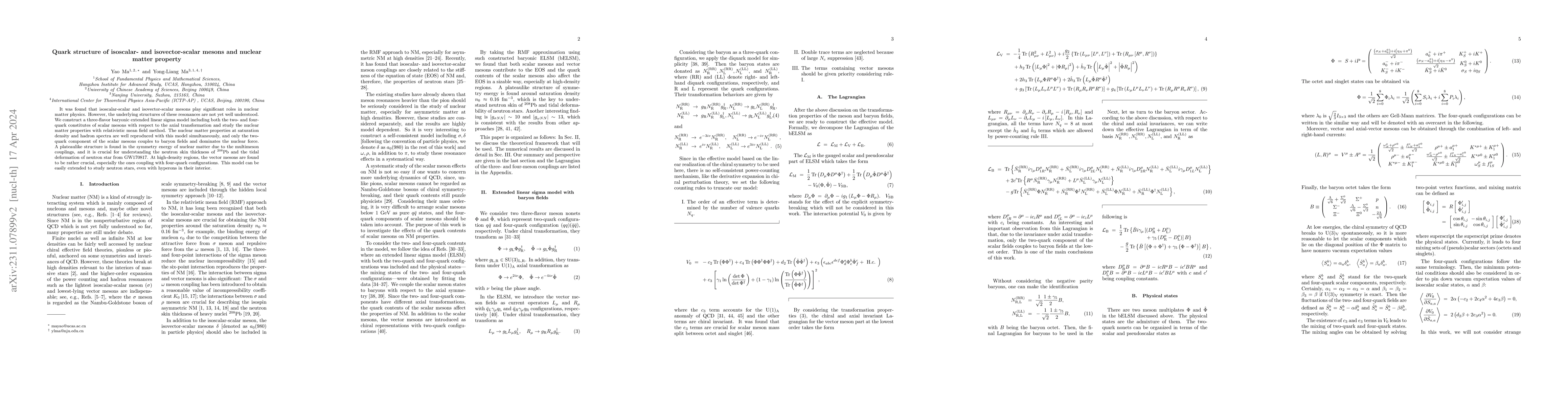 Thumbnail for Quark structure of isoscalar- and isovector-scalar mesons and nuclear
  matter property