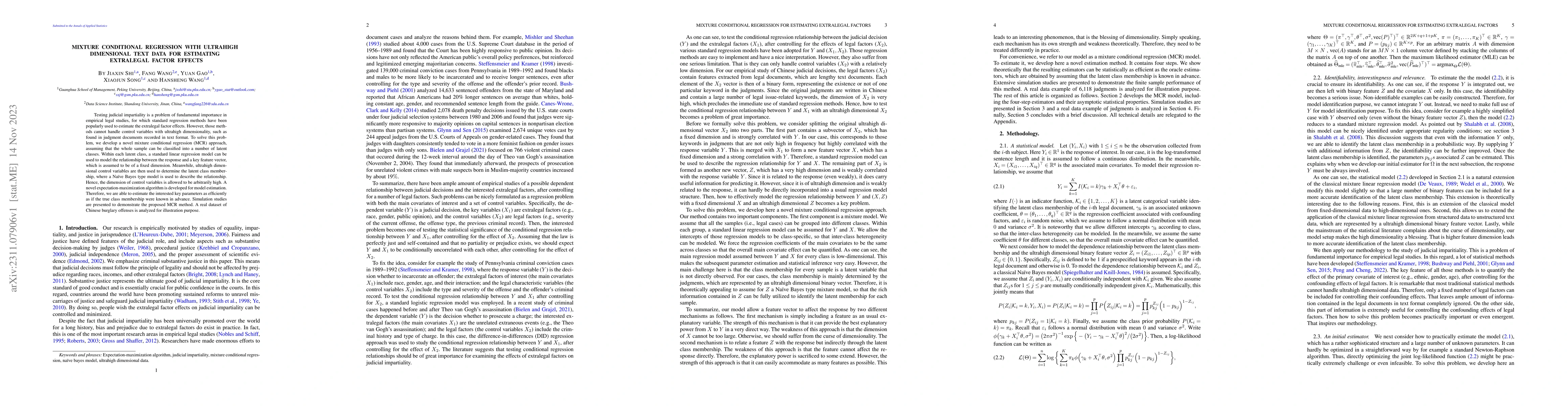 Thumbnail for Mixture Conditional Regression with Ultrahigh Dimensional Text Data for
  Estimating Extralegal Factor Effects