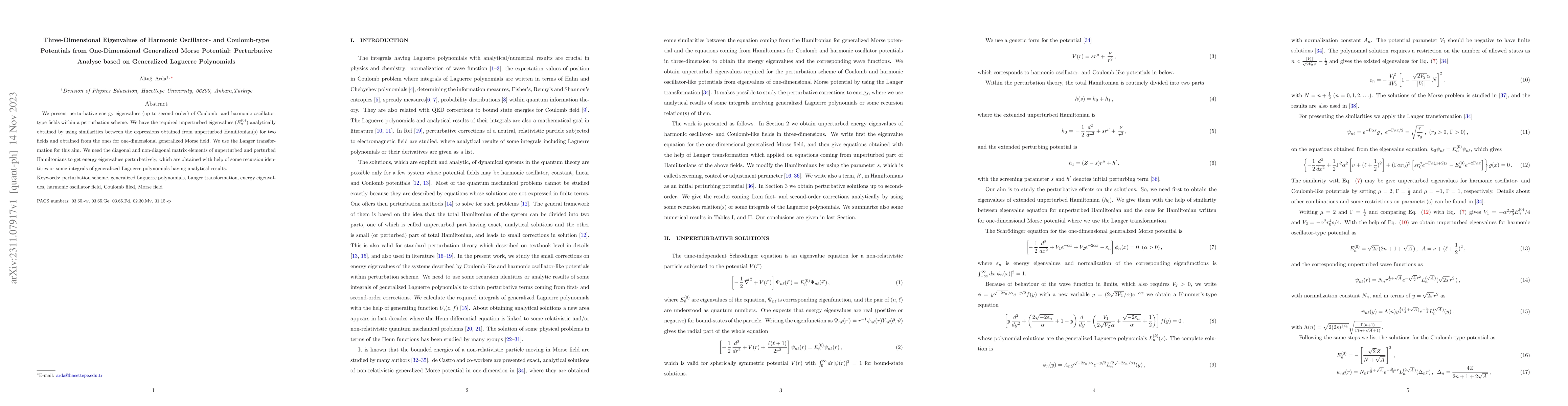 Thumbnail for Three-Dimensional Eigenvalues of Harmonic Oscillator- and Coulomb-type
  Potentials from One-Dimensional Generalized Morse Potential: Perturbative
  Analyse based on Generalized Laguerre Polynomials