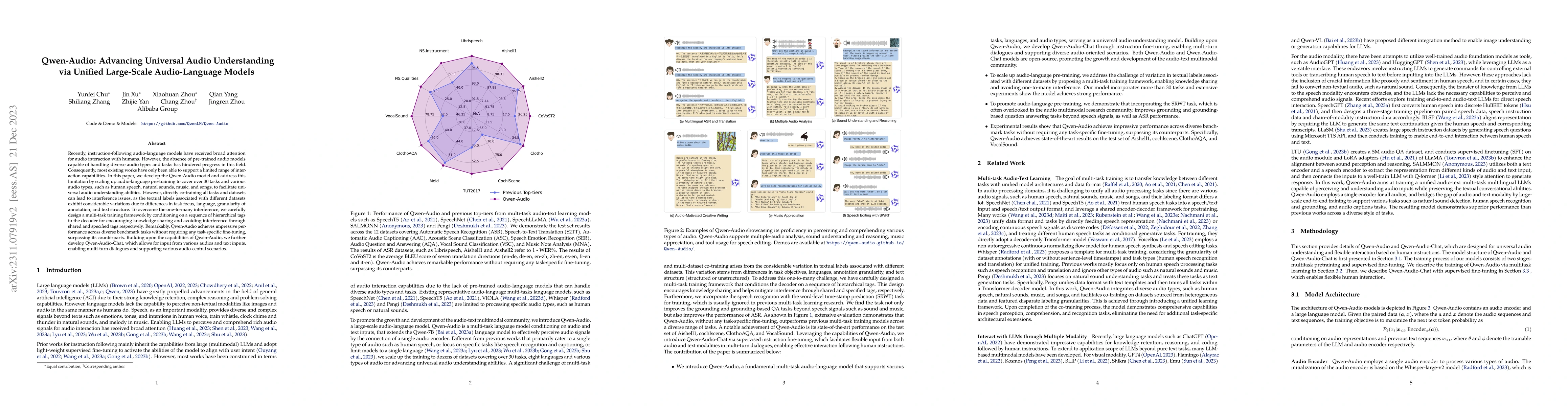 Thumbnail for Qwen-Audio: Advancing Universal Audio Understanding via Unified
  Large-Scale Audio-Language Models