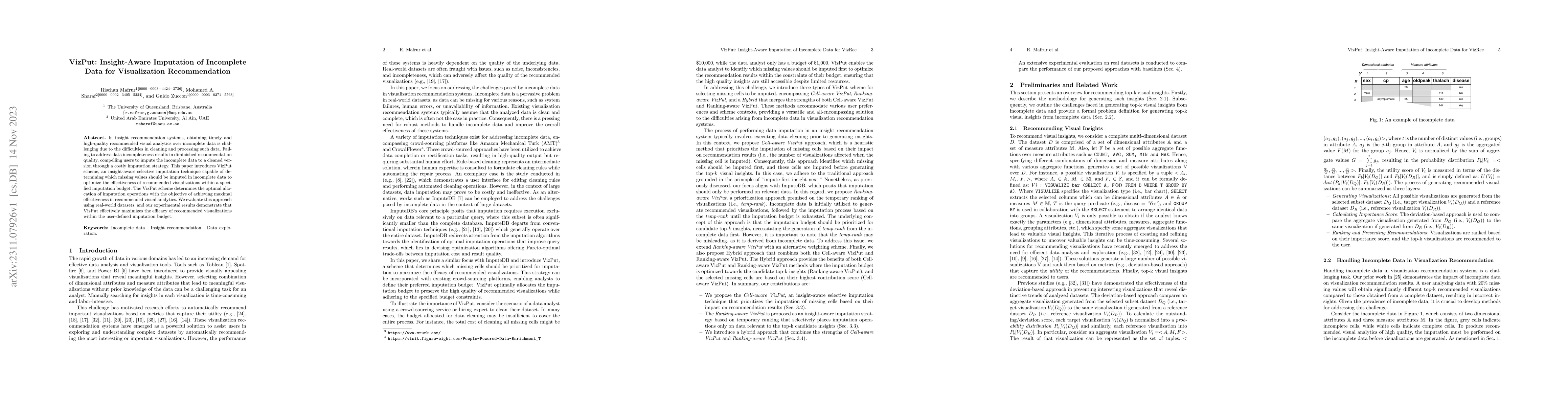 Thumbnail for VizPut: Insight-Aware Imputation of Incomplete Data for Visualization
  Recommendation