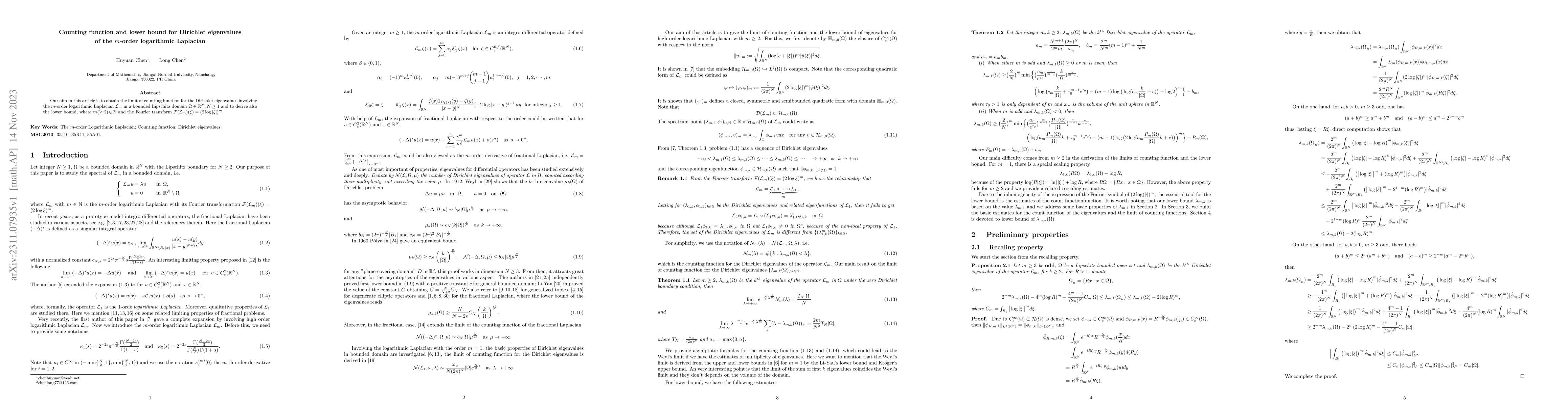 Thumbnail for Counting function and lower bound for Dirichlet eigenvalues of the
  m-order logarithmic Laplacian