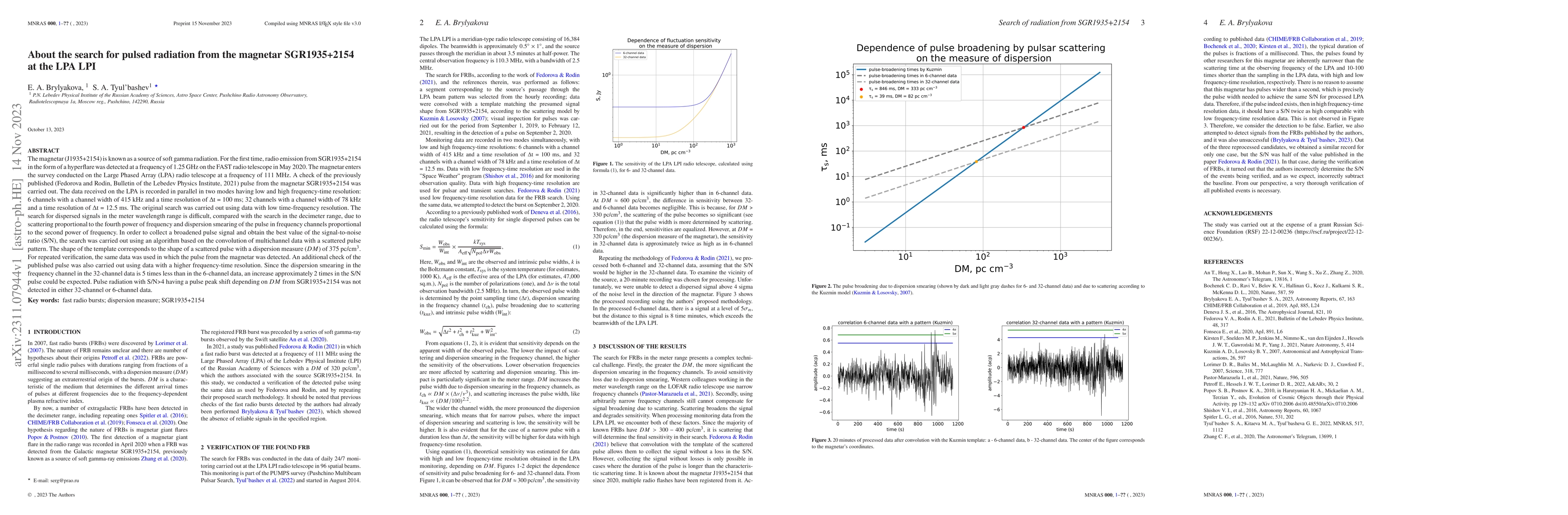 Thumbnail for About the search for pulsed radiation from the magnetar SGR1935+2154 at
  the LPA LPI