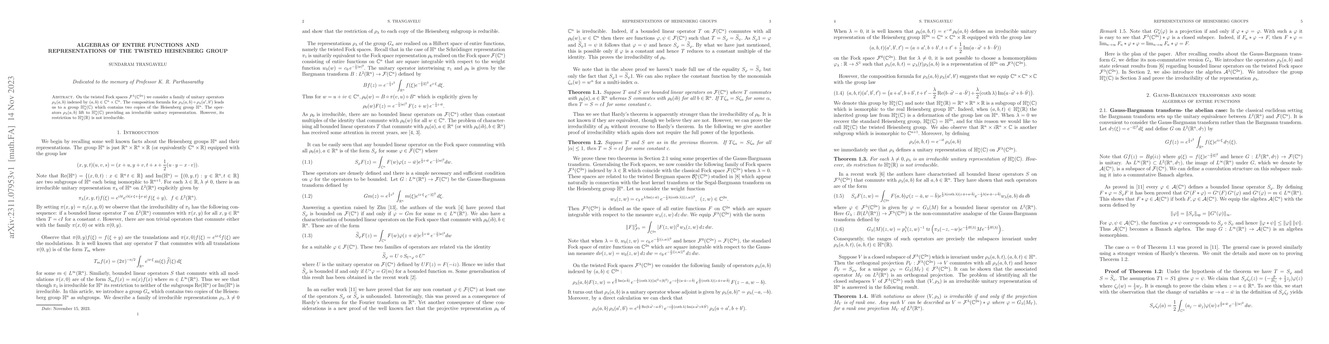 Thumbnail for Algebras of entire functions and representations of the twisted
  Heisenberg group