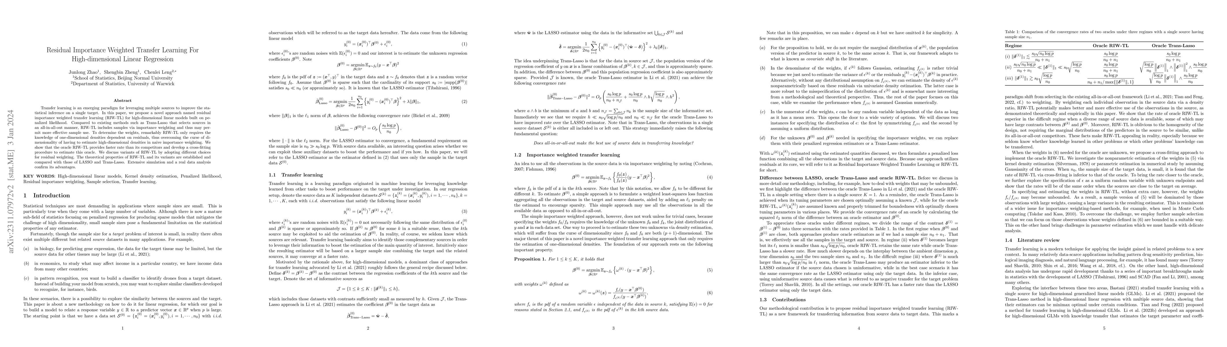 Thumbnail for Residual Importance Weighted Transfer Learning For High-dimensional
  Linear Regression