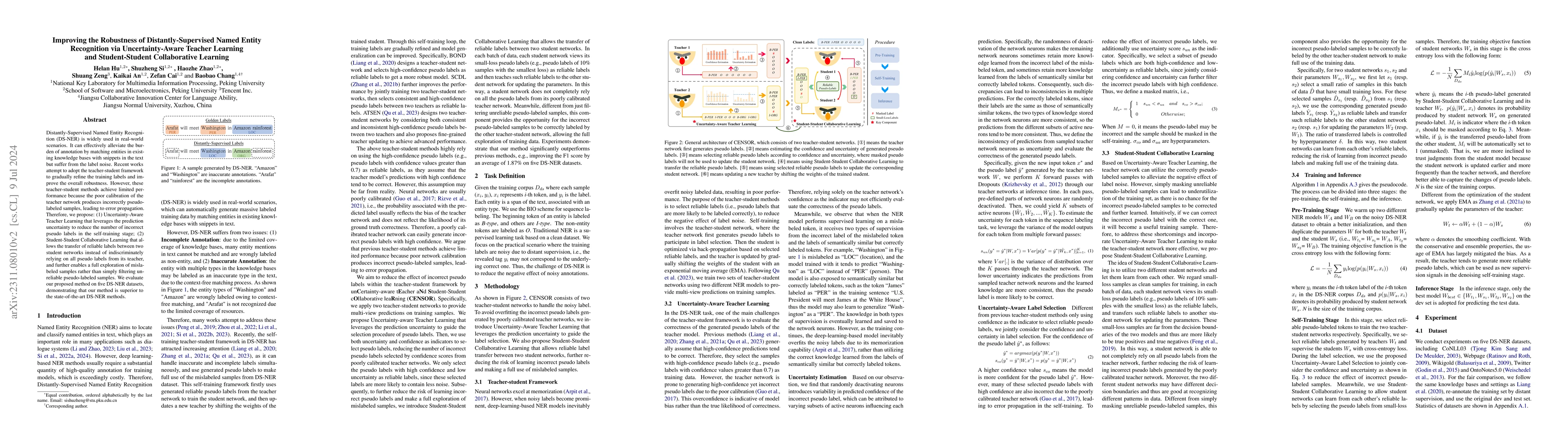 Thumbnail for Improving the Robustness of Distantly-Supervised Named Entity
  Recognition via Uncertainty-Aware Teacher Learning and Student-Student
  Collaborative Learning