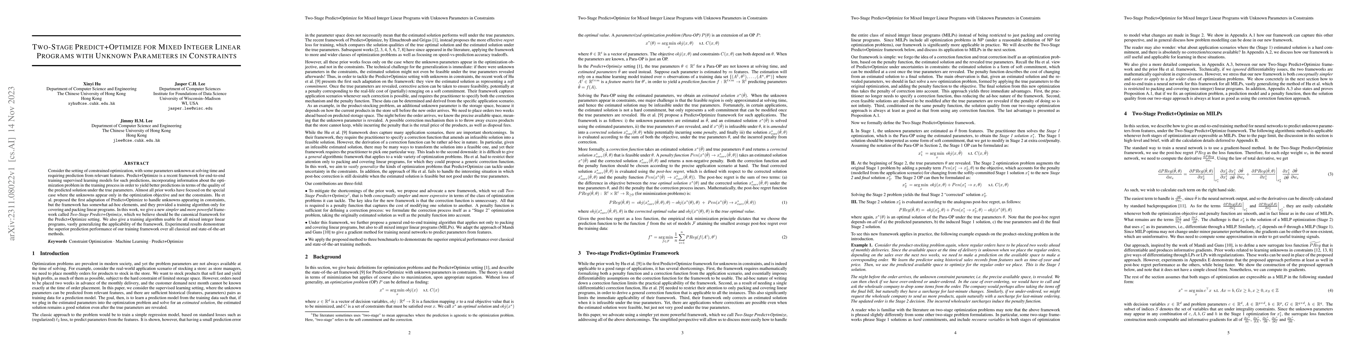 Thumbnail for Two-Stage Predict+Optimize for Mixed Integer Linear Programs with
  Unknown Parameters in Constraints