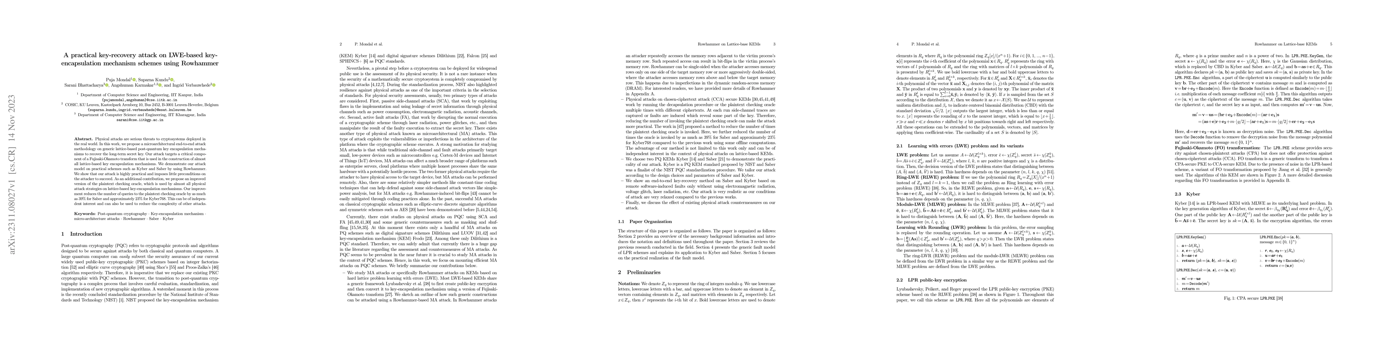 Thumbnail for A practical key-recovery attack on LWE-based key-encapsulation mechanism
  schemes using Rowhammer