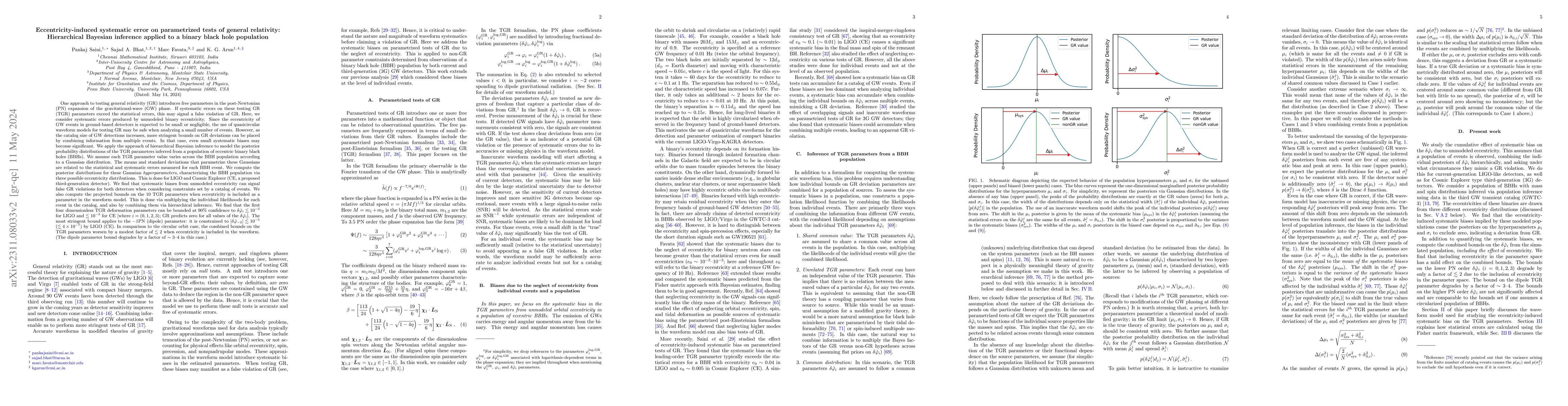 Thumbnail for Eccentricity-induced systematic error on parametrized tests of general
  relativity: Hierarchical Bayesian inference applied to a binary black hole
  population