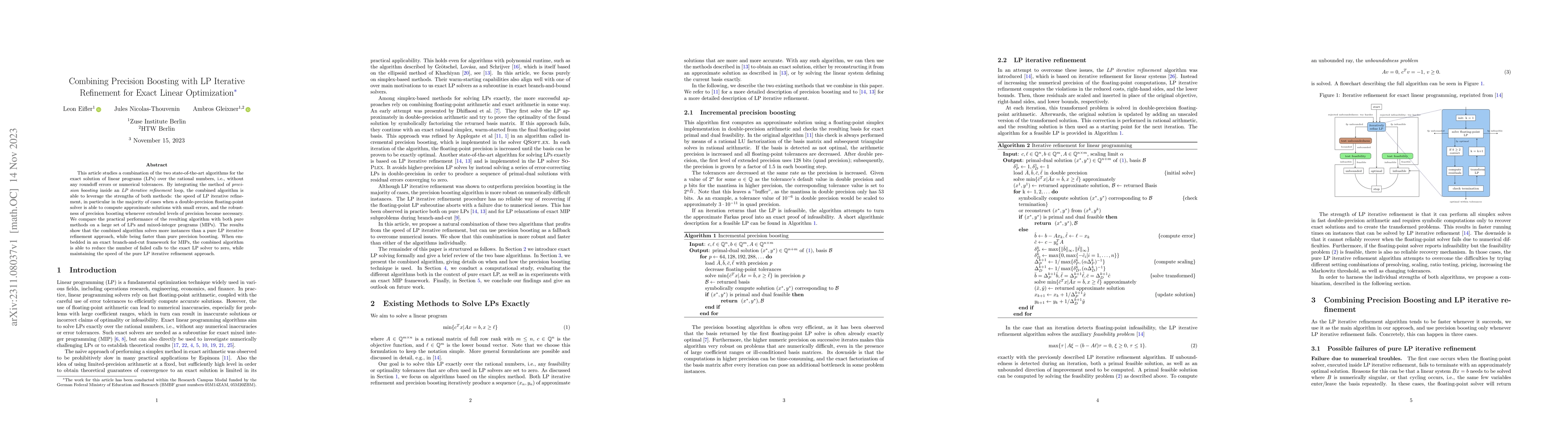 Thumbnail for Combining Precision Boosting with LP Iterative Refinement for Exact
  Linear Optimization