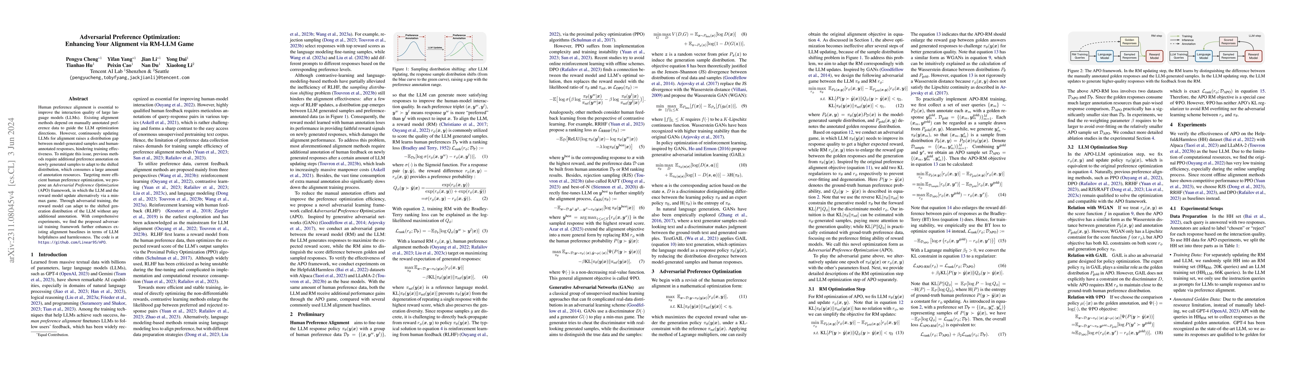 Thumbnail for Adversarial Preference Optimization: Enhancing Your Alignment via RM-LLM
  Game