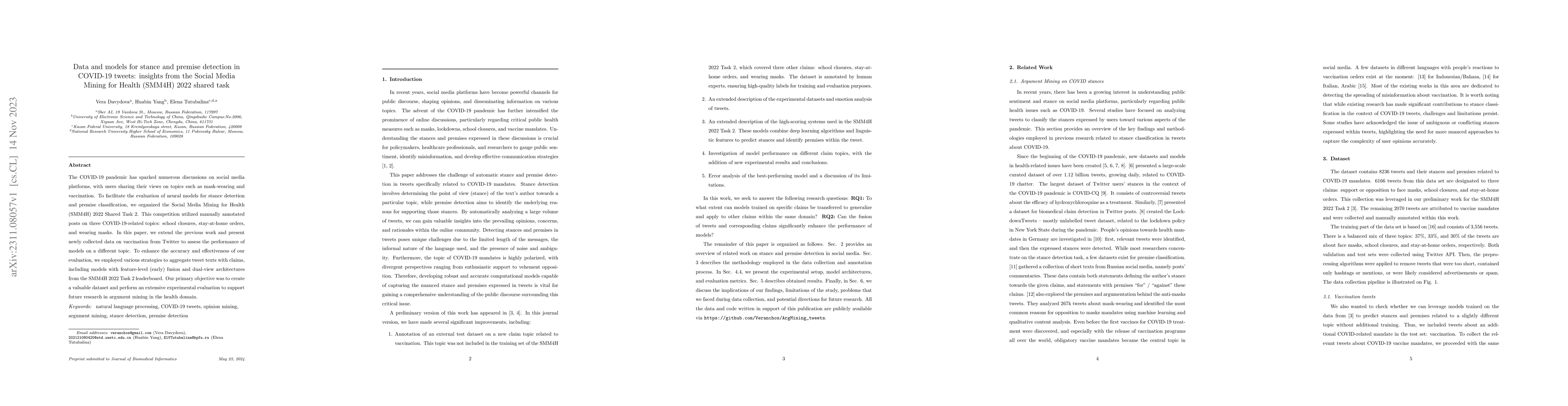 Thumbnail for Data and models for stance and premise detection in COVID-19 tweets:
  insights from the Social Media Mining for Health (SMM4H) 2022 shared task
