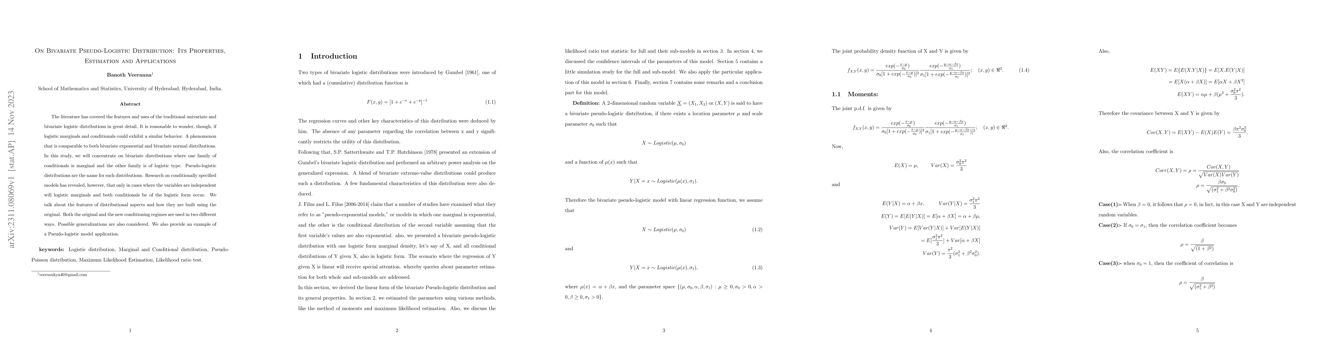 Thumbnail for On Bivariate Pseudo-Logistic Distribution: Its Properties, Estimation
  and Applications