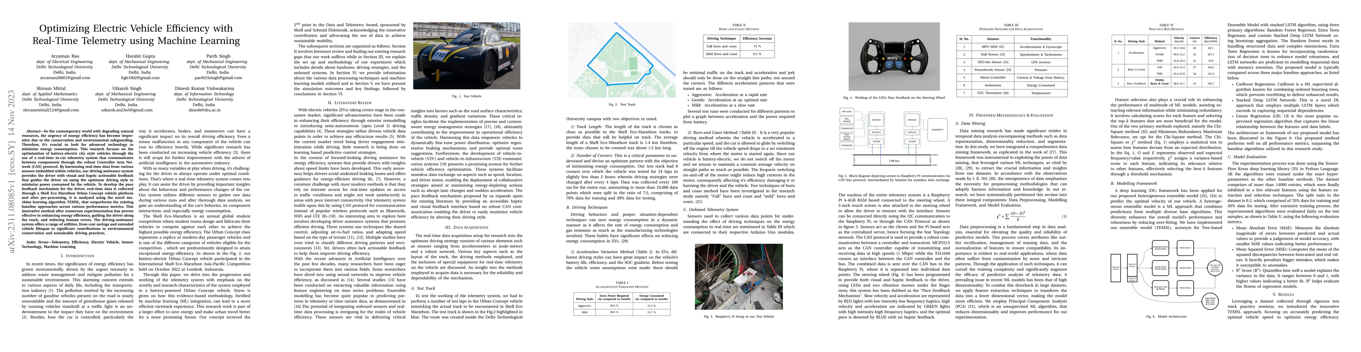 Thumbnail for Optimizing Electric Vehicle Efficiency with Real-Time Telemetry using
  Machine Learning