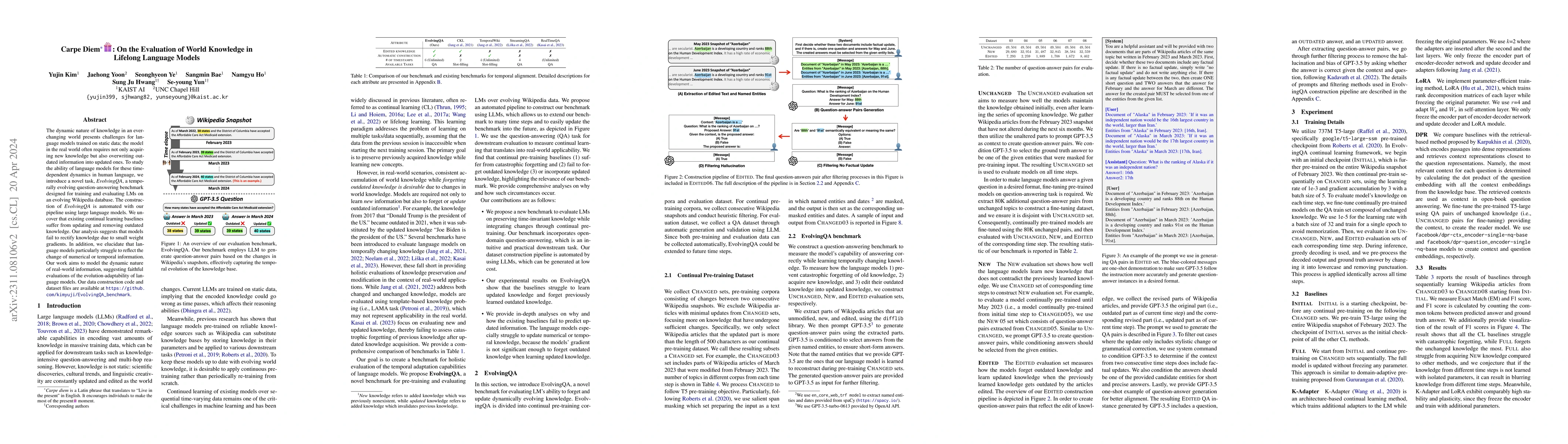 Thumbnail for Carpe Diem: On the Evaluation of World Knowledge in Lifelong Language
  Models