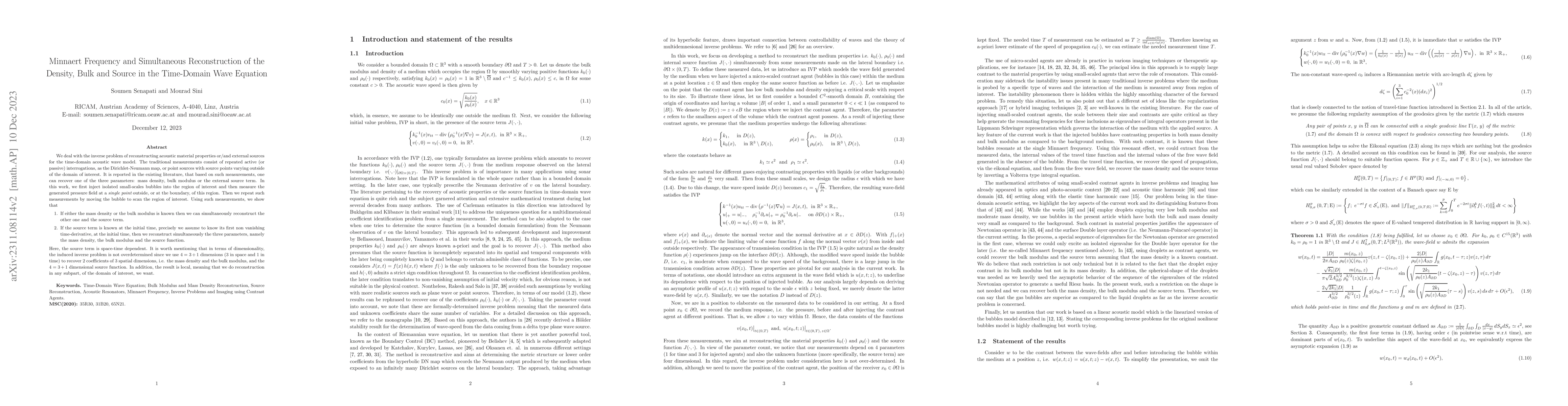 Thumbnail for Minnaert Frequency and Simultaneous Reconstruction of the Density, Bulk
  and Source in the Time-Domain Wave Equation