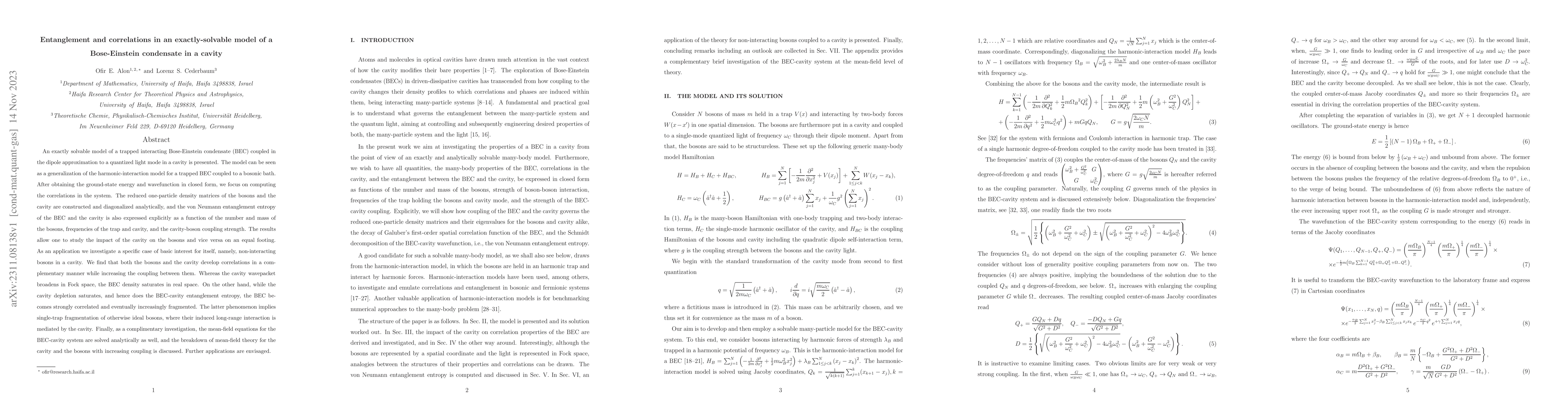 Thumbnail for Entanglement and correlations in an exactly-solvable model of a
  Bose-Einstein condensate in a cavity