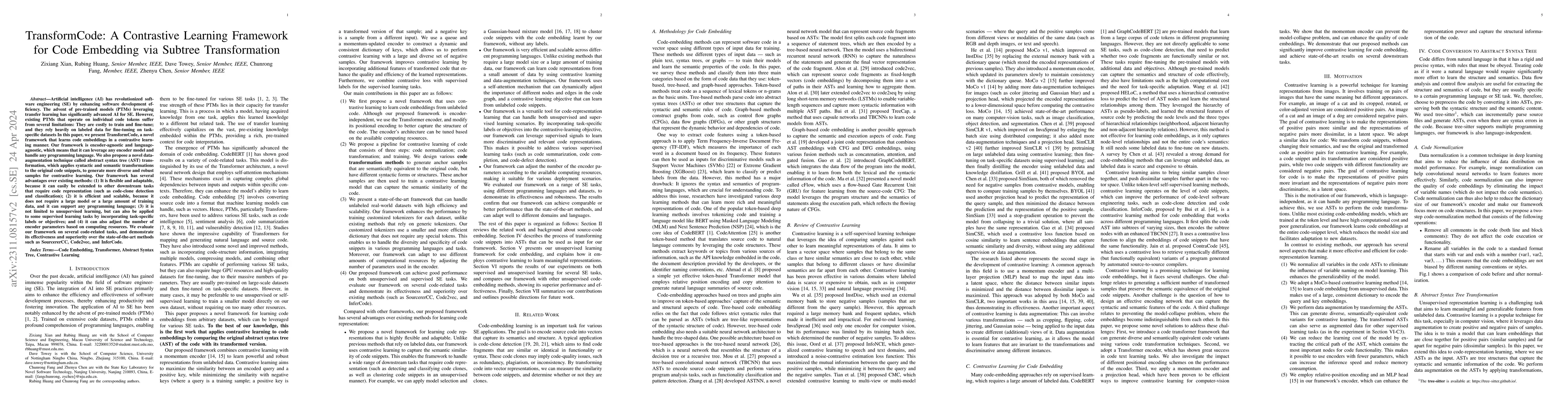Thumbnail for TransformCode: A Contrastive Learning Framework for Code Embedding via
  Subtree Transformation