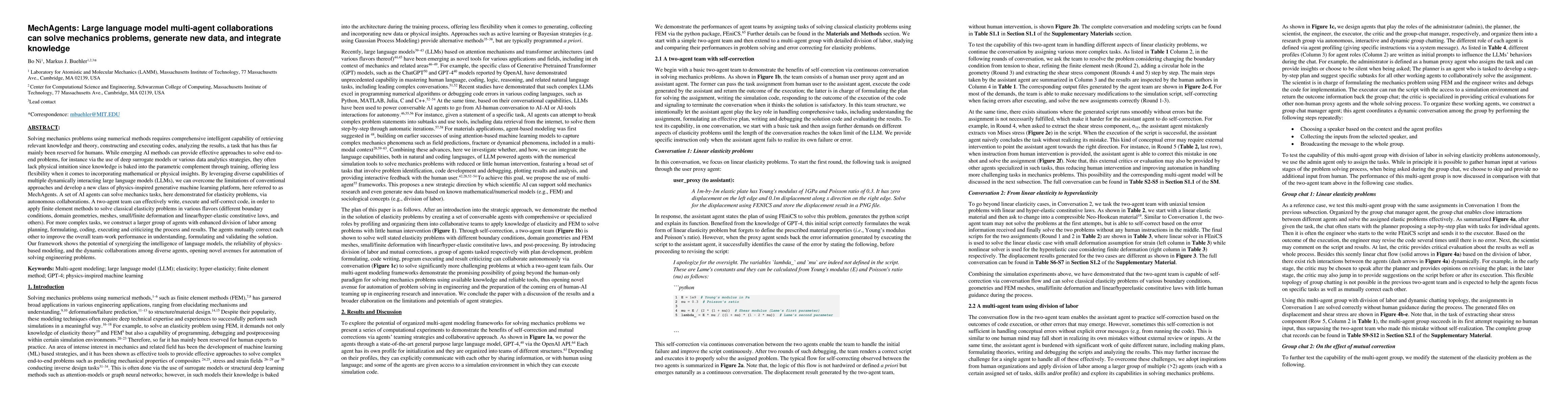 Thumbnail for MechAgents: Large language model multi-agent collaborations can solve
  mechanics problems, generate new data, and integrate knowledge