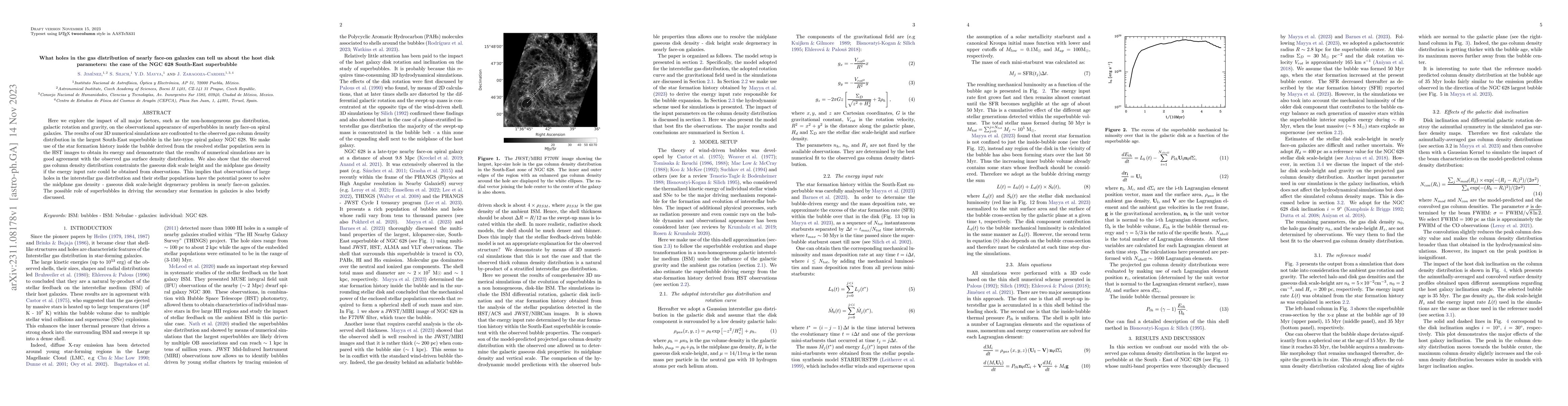 Thumbnail for What holes in the gas distribution of nearly face-on galaxies can tell
  us about the host disk parameters: the case of the NGC 628 South-East
  superbubble