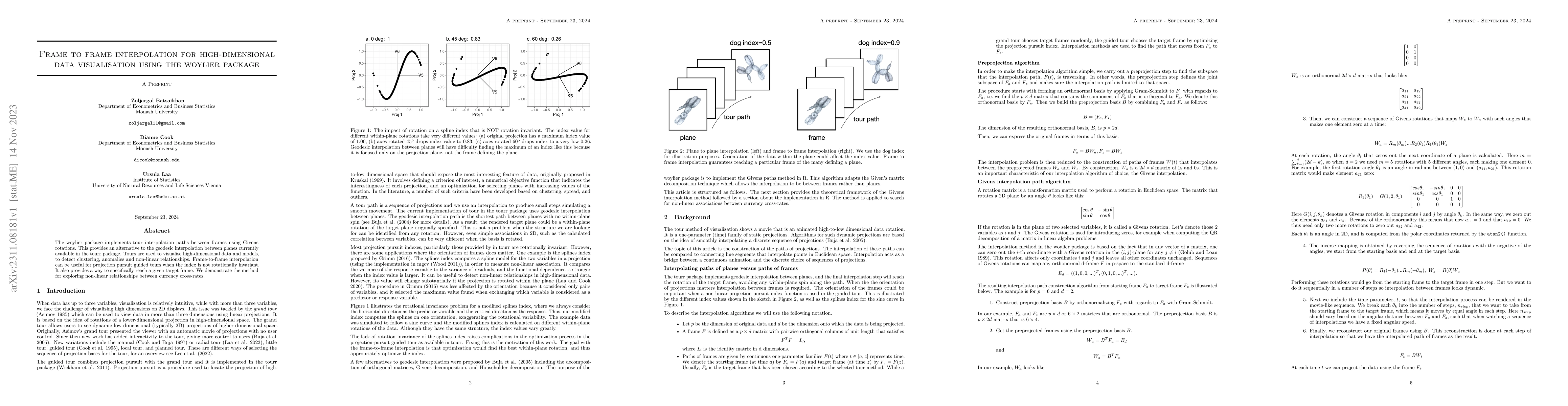 Thumbnail for Frame to frame interpolation for high-dimensional data visualisation
  using the woylier package