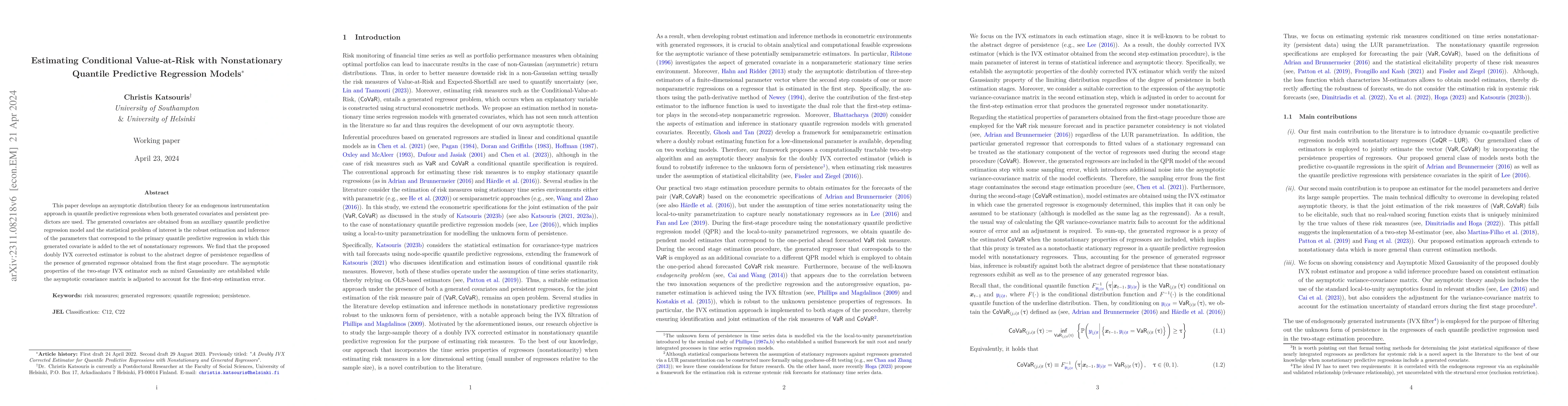 Thumbnail for Estimating Conditional Value-at-Risk with Nonstationary Quantile
  Predictive Regression Models