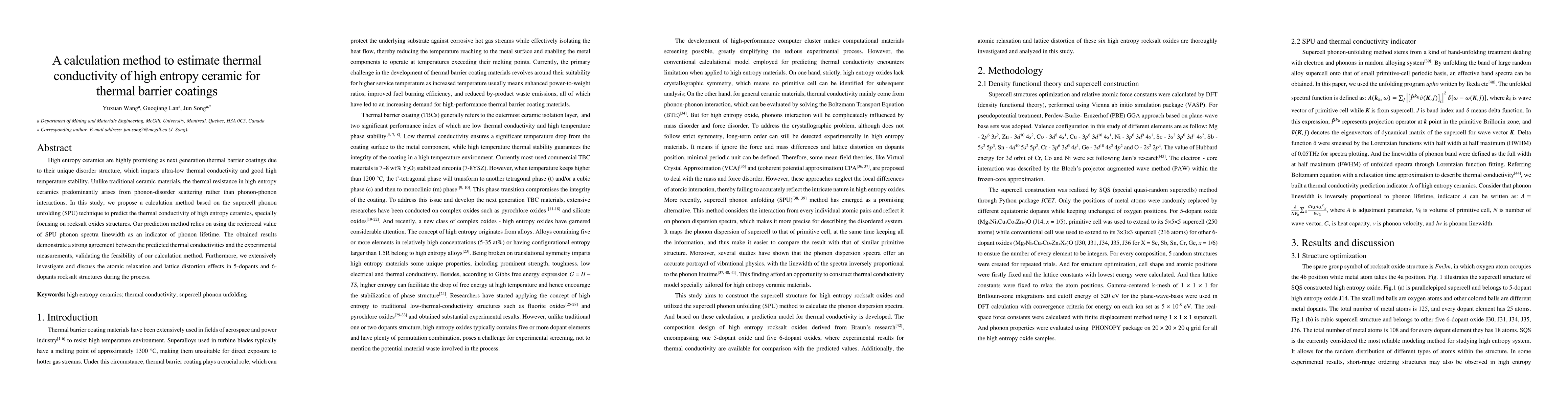 Thumbnail for A calculation method to estimate thermal conductivity of high entropy
  ceramic for thermal barrier coatings