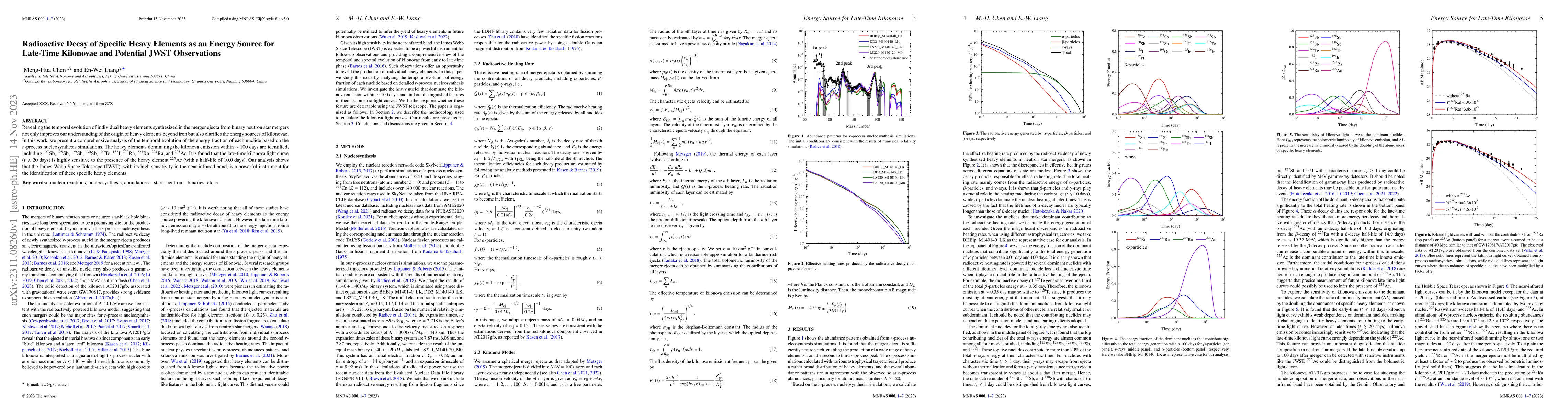 Thumbnail for Radioactive Decay of Specific Heavy Elements as an Energy Source for
  Late-Time Kilonovae and Potential JWST Observations
