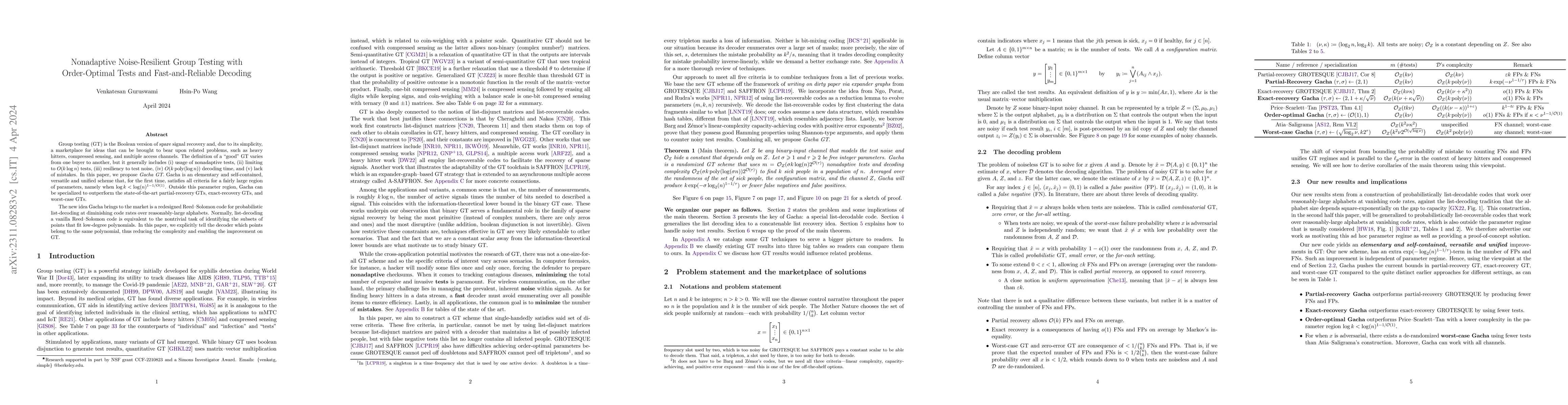 Thumbnail for Nonadaptive Noise-Resilient Group Testing with Order-Optimal Tests and
  Fast-and-Reliable Decoding